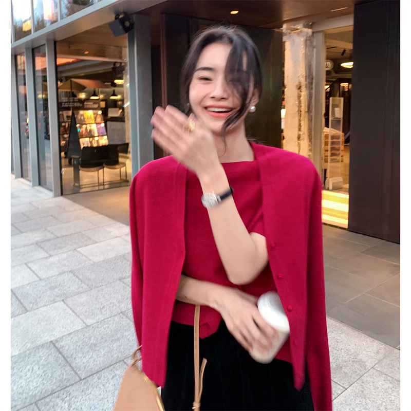 Hanyuan Apparel/ High-Density Yangzi Yarn Daily Set Women's Knit Cardigan Two-Piece Set