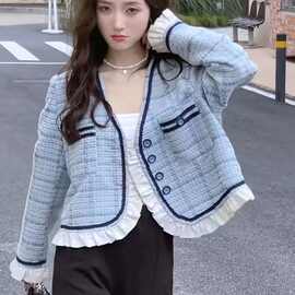 小香风气质拼接木耳花边短外套女2025新款复古甜美显瘦格纹上衣女