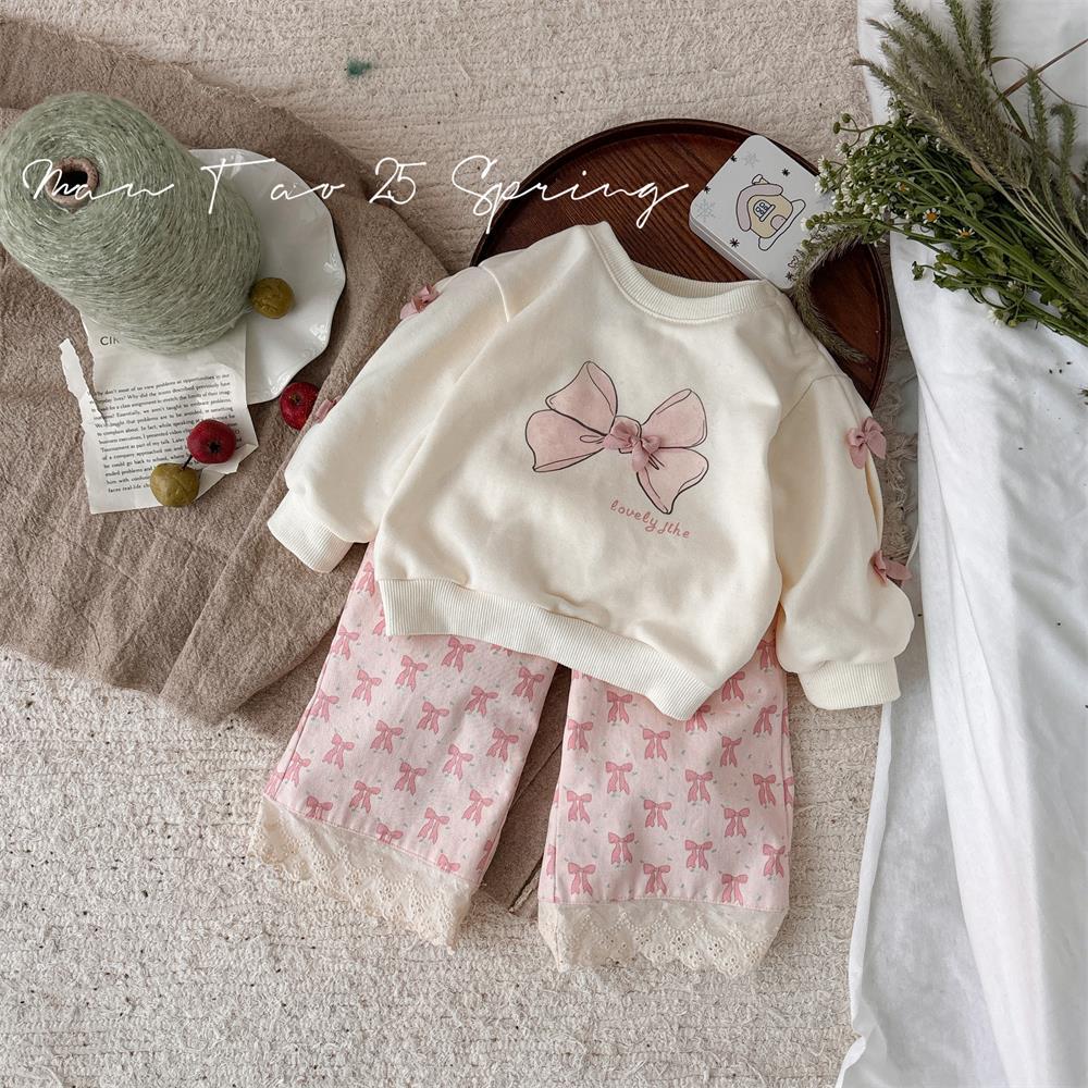 2025 ropa para niños, estilo de primavera para bebés, ropa de primavera para bebés femeninos, mampara de estilo occidental, traje de salida de lazo de dibujos animados lindo