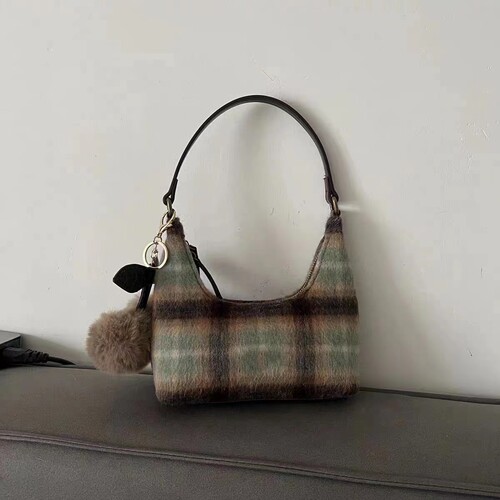 Lamb wool grid retro niche underarm bag for women  new autumn winter cherry high-end sense hand-held single shoulder bag