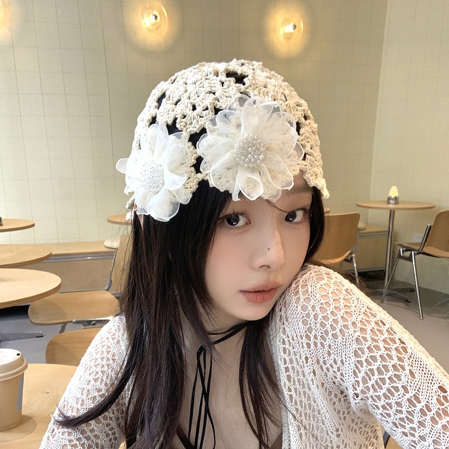 Bohemia gancho de mano sombrero de flores para mujeres 2024 nuevo tejido sombrero de pila de flores de cuatro estaciones de moda