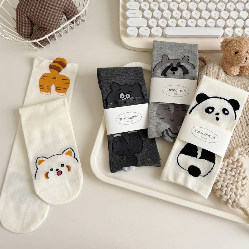 25 Korean Dongdaemun Funny Cartoon Mid-Calf Socks for Women Spring and Autumn with Birkenstock Shoes Cartoon Cute Cat Boneless Cotton Socks