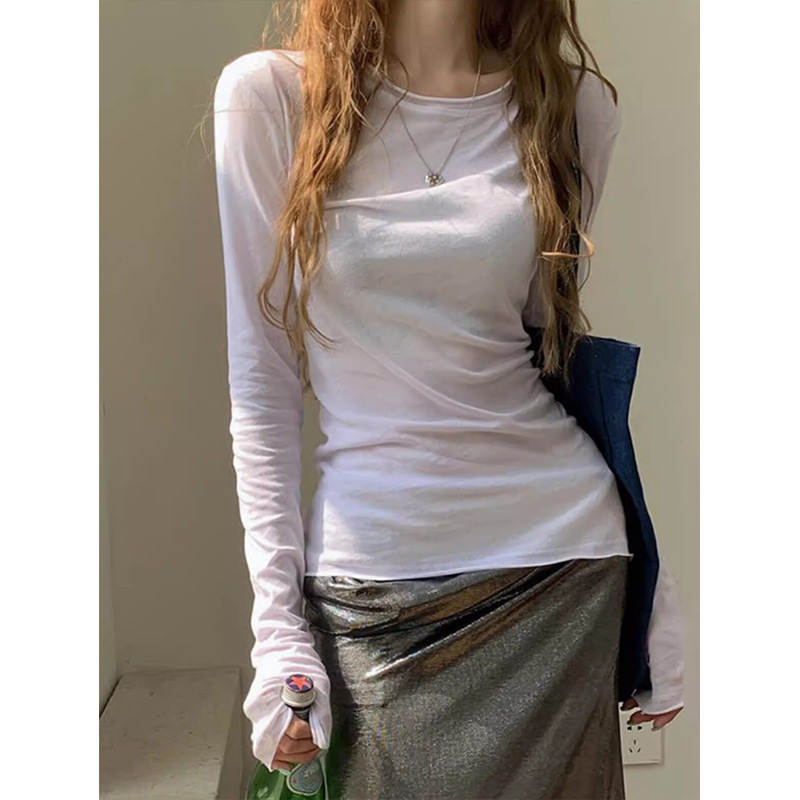 2026 Early Spring and Autumn Semi-Sheer Long-Sleeve Base Shirt for Women, Simple Style, Versatile Rolled-Edge T-Shirt, Sun-Protective Top