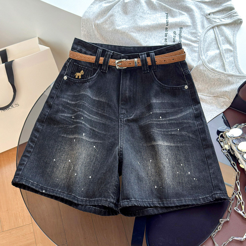 Black and Gray High-Waisted Slimming A-Line Pear-Shaped Body Splash-Ink Wide-Leg Denim Shorts for Women, Thin Style, New Summer 2026 Model