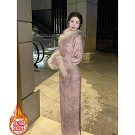 新中式国风旗袍复古气质盘扣斜襟长袖百搭紫色保暖连衣裙女秋冬款