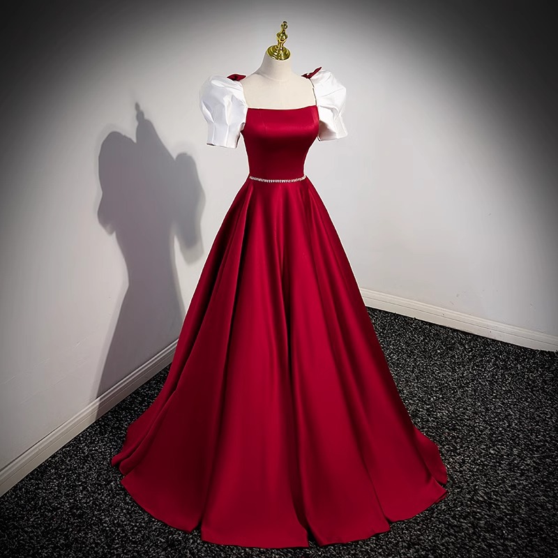 Vestido de noche rojo para brindis, nuevo estilo 2026, vestido de anfitriona de alta gama con mangas abullonadas estilo francés para primavera, ideal para examen de canto. image 3