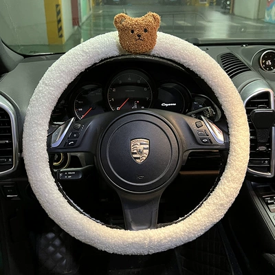 Seat belt shoulder pad: Shoulder Pad Cartoon Bear Shoulder - lamb-fleece-white-steering-wheel-cover-with-solid-brown-bear-head