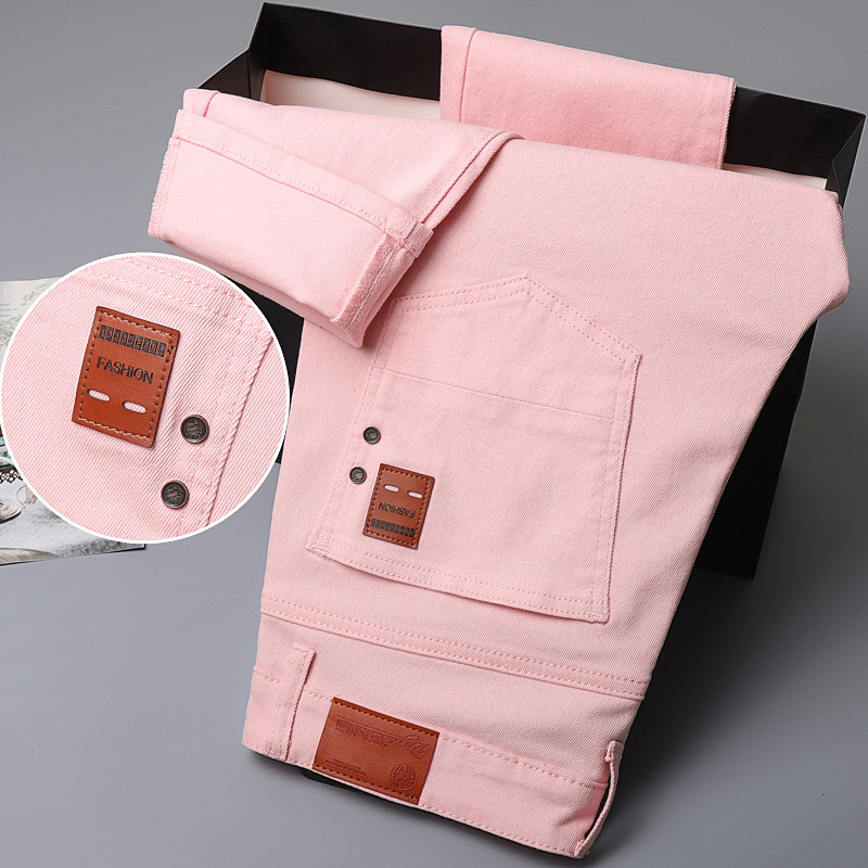 Trendy Pink and Yellow Men's Casual Pants Elastic Straight-Leg Stylish Denim Long Pants for Men to Wear Outside