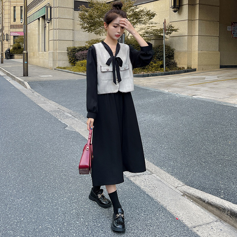 Small Chanel Style Dress Women's Autumn New Tea Dress Wear a Set of Skinny Platycodon Long Sleeve Dress Two-piece Set