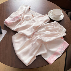 シルクのパジャマの女性の夏の绢糸の7分の袖の家の服の春秋の薄いタイプのジャカードのスーツの純色のaaaaa