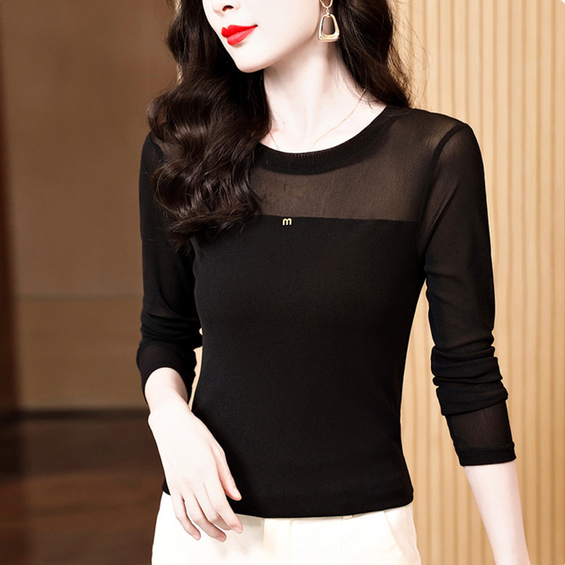 Round Neck Black Mesh Base Shirt for Women, Autumn 2025 New Slim-Fit Long-Sleeve T-Shirt, Lace Top Round Neck Black Mesh Base Shirt for Women, Autumn 2025 New Slim-Fit Long-Sleeve T-Shirt, Lace Top