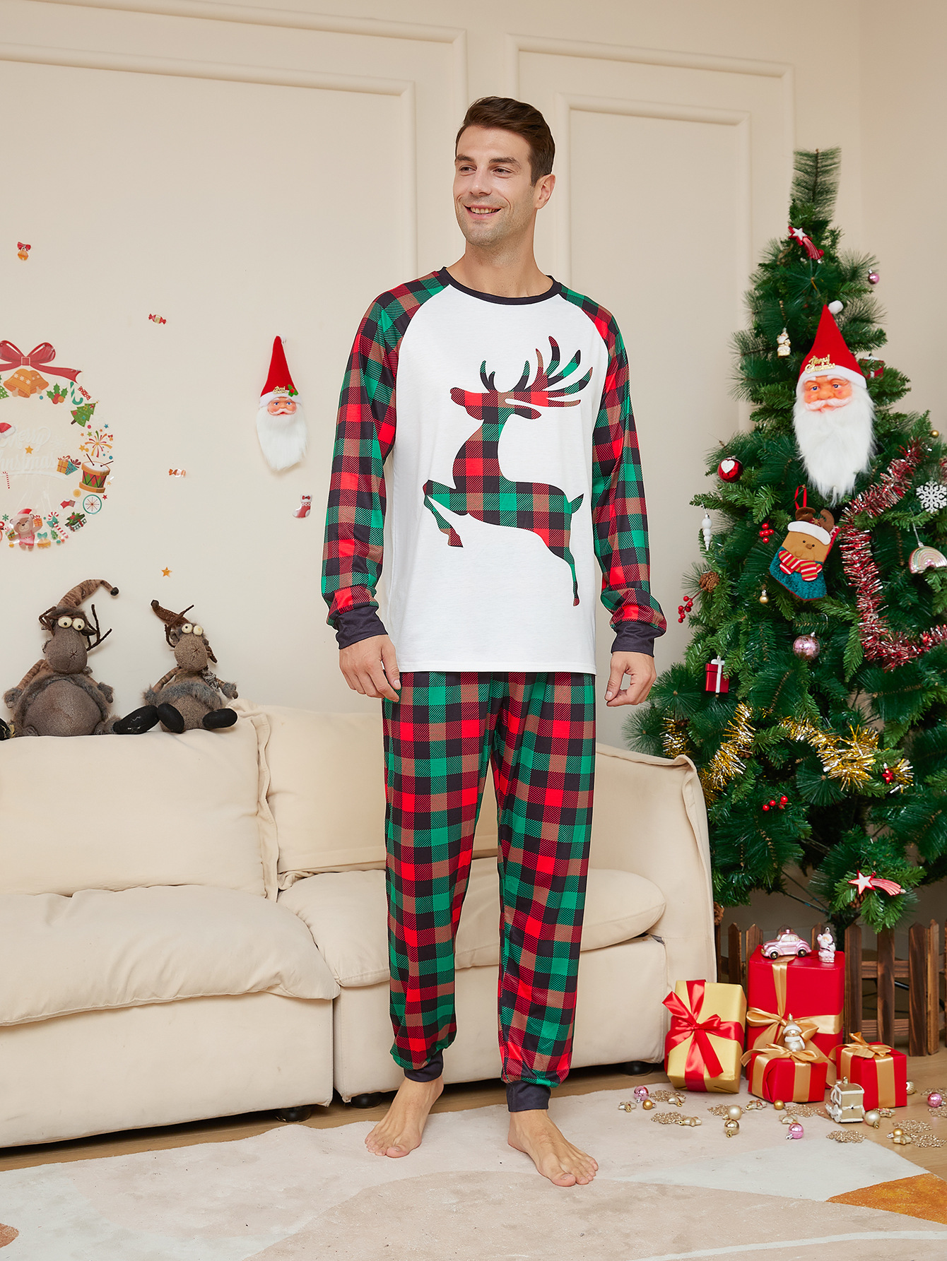 Christmas Festival Plaid, Reindeer Pattern Family Look Plaid Reindeer Printing Pant Co-ord Set T-shirt Two-Piece Sets