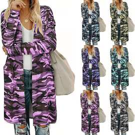 2021wish亚马逊热卖秋冬新款欧美时尚迷彩印花外套小开衫女装