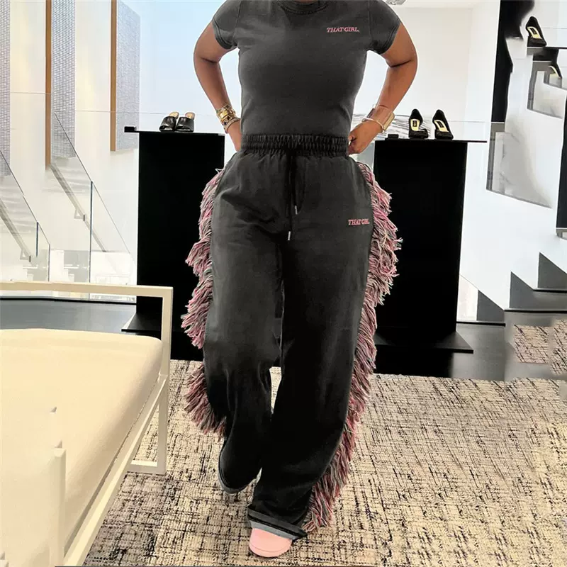 欧美风春季新款2024跨境女装圆领绣花短袖T恤彩色流苏休闲裤套装