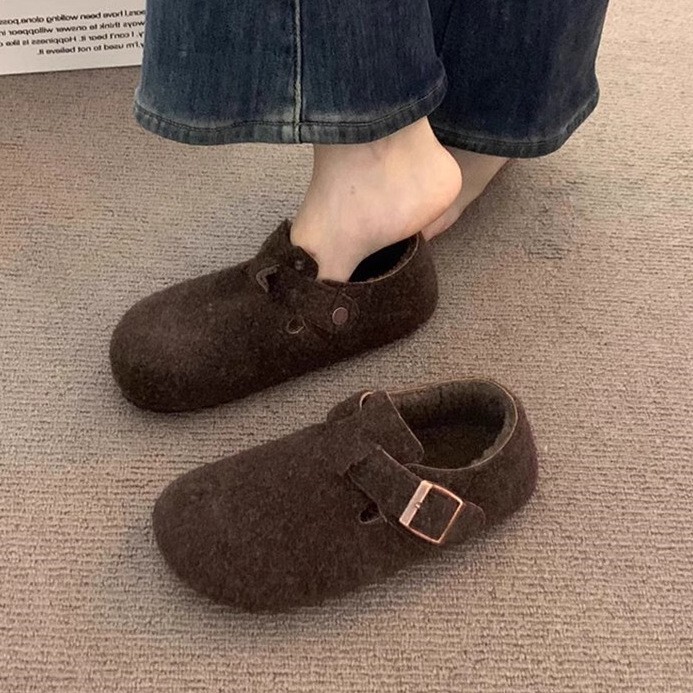 Retro Round-Toe Felt Fleece-Lined Birkenstock Shoes for Women Fleece-Lined Autumn and Winter Slip-On Warm Cotton Scoop Shoes Woolen Loafers