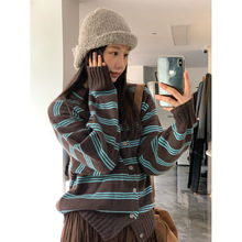 SROOM十三行 美丽诺羊毛2025秋冬新款翻领条纹开衫针织衫上衣