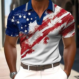 Cross-Border Summer Men's Short-Sleeved Loose Polo Shirt Flag Print Button Thin Business Casual Dual-Purpose Men's Clothing