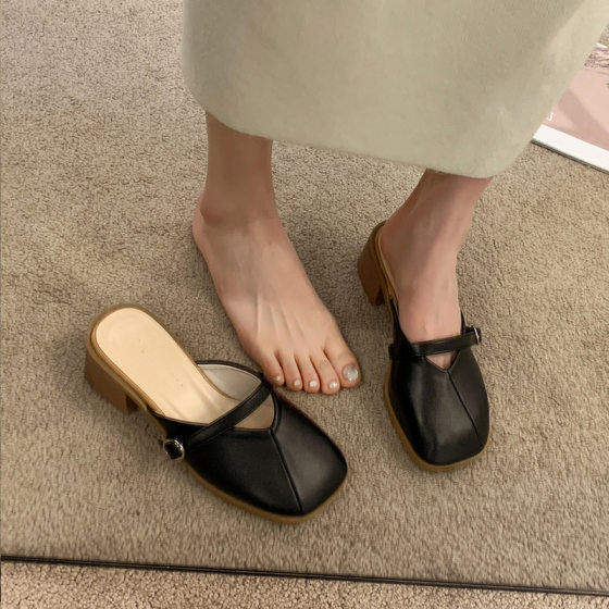 Baotou Half Slippers Women's Summer Outwear 2024 New French Style Thick Heel Mueller Shoes Square Toe High Heel Sandals Fairy Style