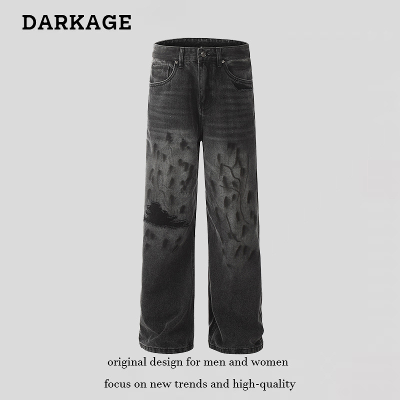 Unisex High Street Distressed Whiskered Ripped Black Jeans American Style Vibe Washed Straight Leg Slightly Flared Hip Hop Floor Length Pants_mkmklike.com