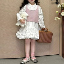 韩版套装女童2024春季新款粉色针织马甲背心女宝宝长袖衬衫公主裙