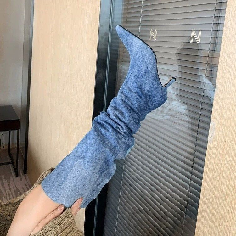 European and American Style Pointed High Barrel Pleated Heap Boots Women's 2023 Autumn Fine Heel Denim High Heel but Knee Long Boots
