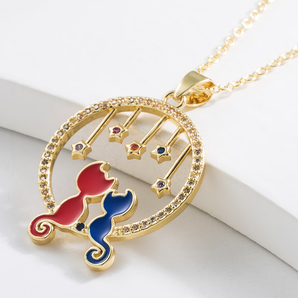Fashion Star Cat Copper Enamel Zircon Pendant Necklace