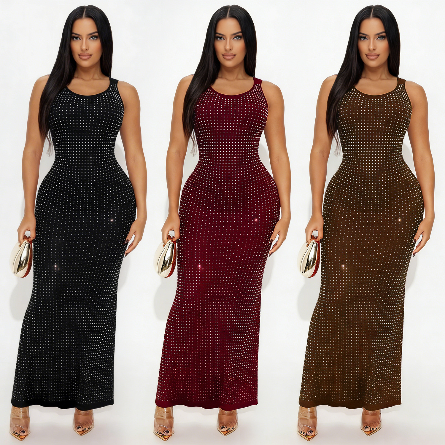C7629 Aliexpress transfronterizo amazon ropa de moda europea y americana sexy taladro caliente de cintura alta frente y atrás vestido image 1