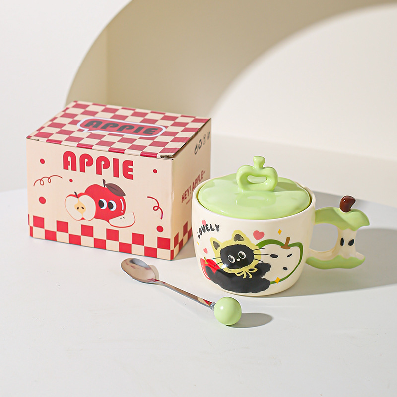 Taza de gato de manzana creativa con tapa de alto valor de pareja taza de cerámica taza de regalo de mano taza de desayuno para amigos