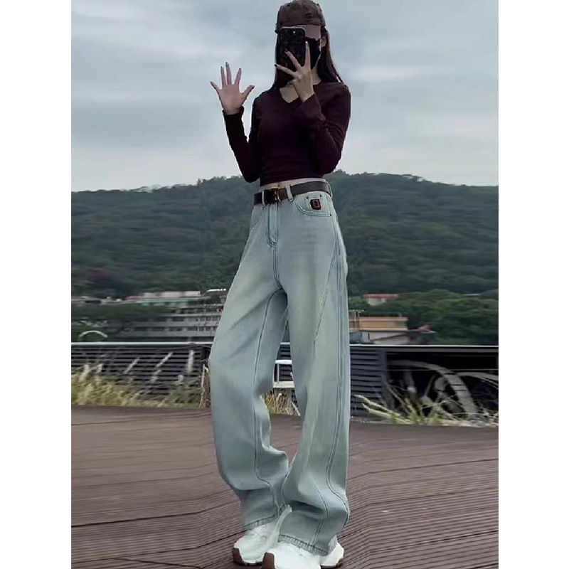 Plus Size American Light Blue Scimitar Jeans for Women 2025 Spring and Summer Fat mm Loose Slimming Look Straight Wide Leg Pants Trendy Plus Size American Light Blue Scimitar Jeans for Women 2025 Spring and Summer Fat mm Loose Slimming Look Straight Wide Leg Pants Trendy