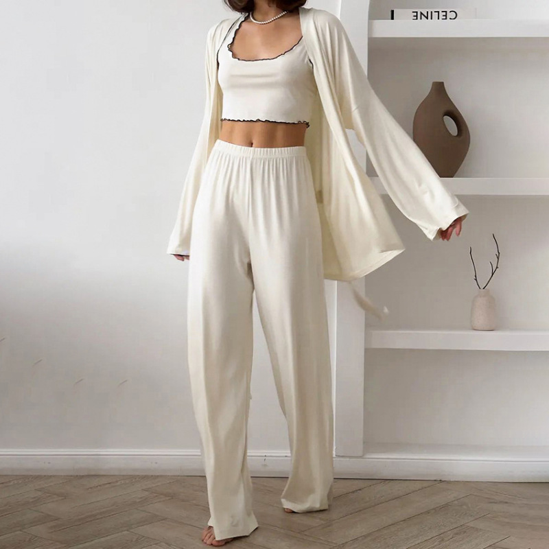 Autumn and Winter New European and American Style Knitted Milk Silk Ruffle Edge Pajamas Three-Piece Set, Soft and Skin-Friendly Loungewear for Women 2026