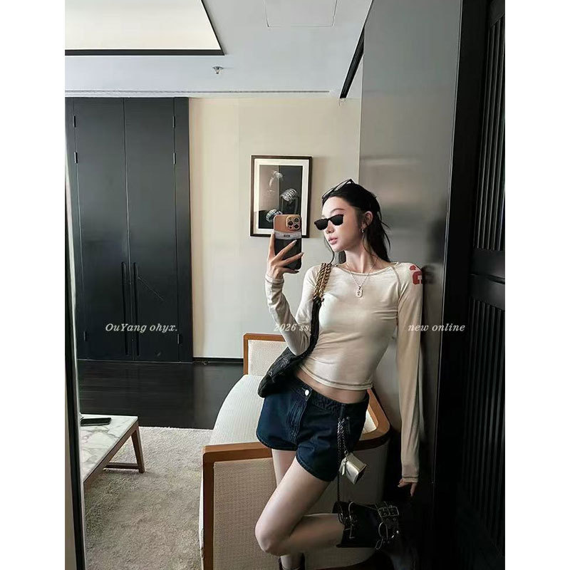 Ouyang'Ice American Style Slim t' Breathable Tencel Wool Vintage Print Color-Block Raglan Sleeve Long Sleeve T-Shirt Ouyang'Ice American Style Slim t' Breathable Tencel Wool Vintage Print Color-Block Raglan Sleeve Long Sleeve T-Shirt