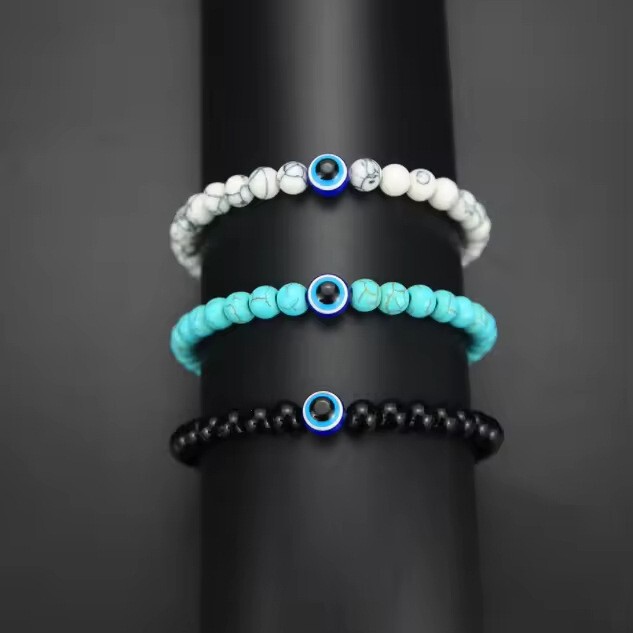 Cross-Border Popular Devil's Eye Bracelet 6mm Natural Stone Tiger Eye White Turquoise Elastic Retro Versatile Beaded Bracelet