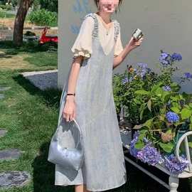 设计感背带裙套装女中长款2025夏季新款小众不撞款两件套连衣裙子
