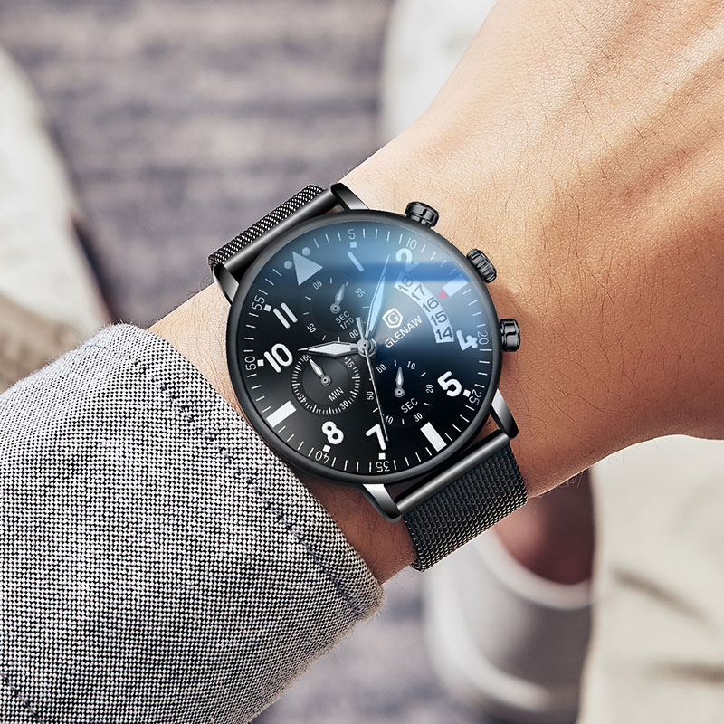 Đồng hồ nam quartz mặt tròn dây da chống nước — Vỏ đen mặt đen Thắt lưng đen, Vỏ đen mặt đen đai lưới đen, Thắt lưng đen mặt đen vỏ vàng, Vỏ vàng mặt đen đai lưới đen