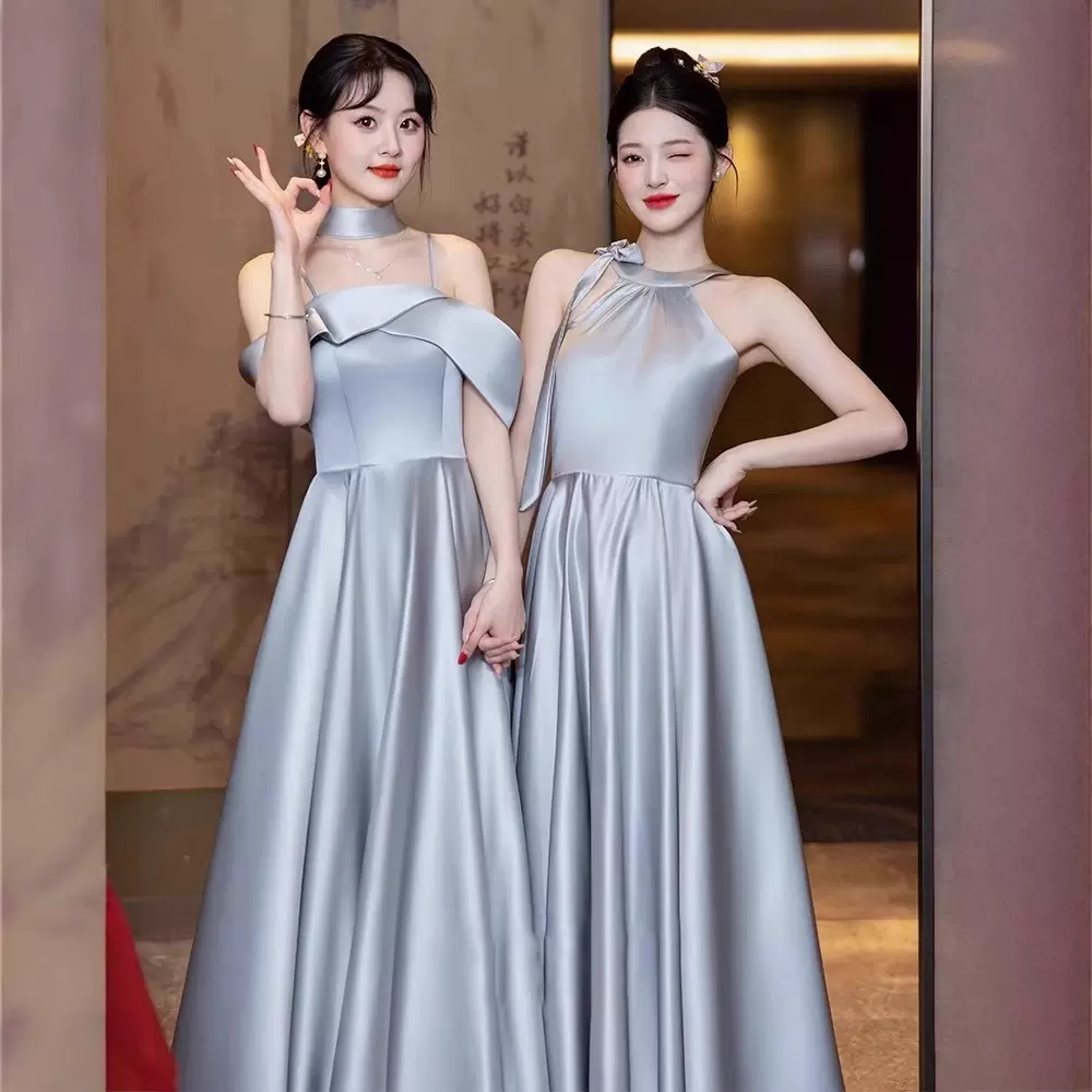 蓝灰色伴娘服高级小众2025新款夏季简约气质姐妹团礼服裙日常可穿