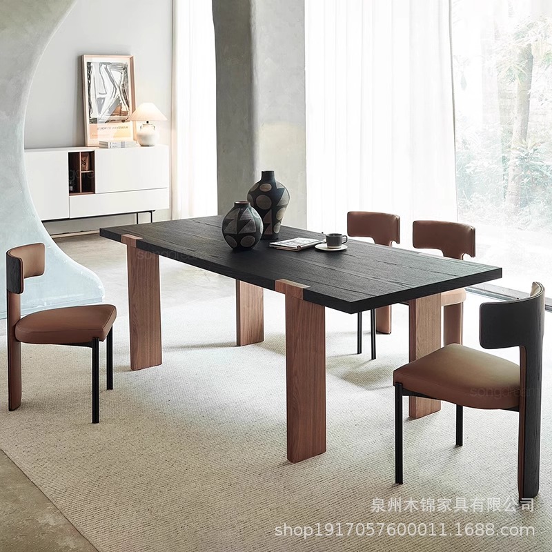 Medieval Style Solid Wood Dining Table and Chair Combination for Home Small Apartment Dining Table Modern Simple Rectangular Dining Desk Integrated