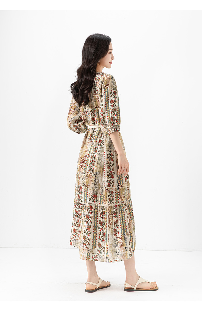 Đầm maxi nữ thắt eo bohemian in hoa kỳ lạ tay ngắn rộng che thịt — Màu cà phê chi tiết 24