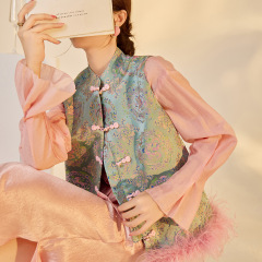 早秋国风新中式鸵鸟毛可拆马甲女2025新款气质提花缎面背心 N7070