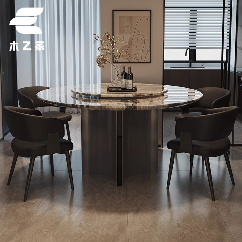 Mesa de Comedor Redonda de Mármol y Acero Inoxidable con Almacenamiento para Restaurante