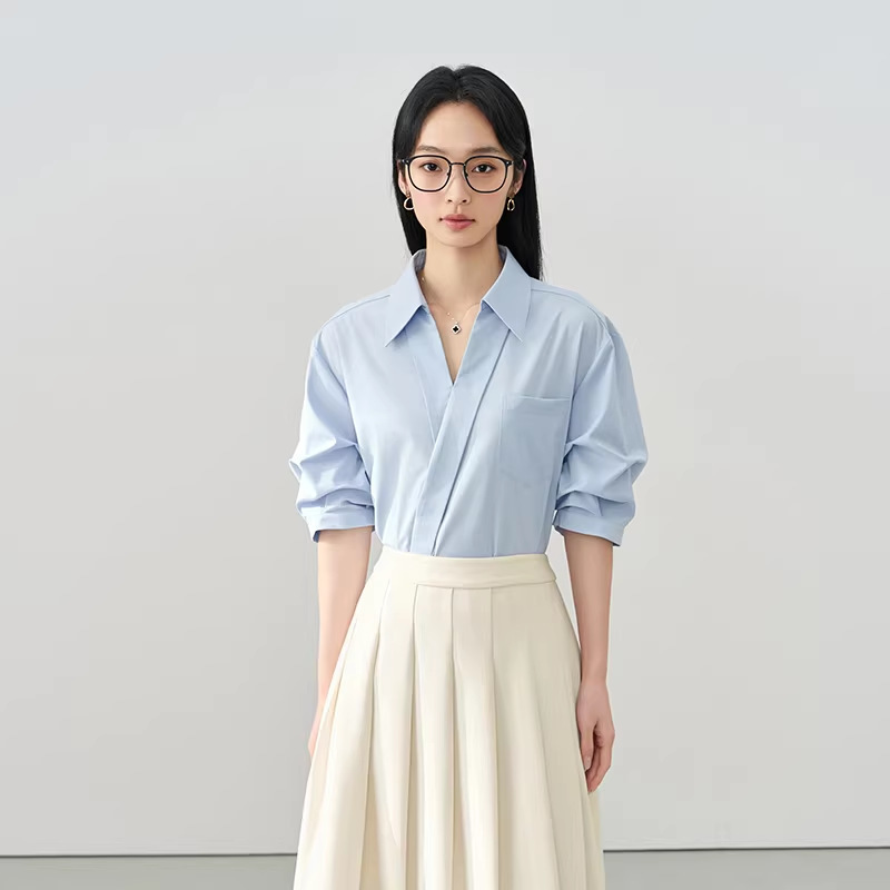 Blue V-Neck Shirt for Women, New Spring Style for Interview Wear, Elegant Suit with Formal Short-Sleeved Professional Shirt Underneath