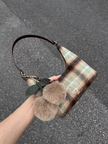Lamb wool grid retro niche underarm bag for women  new autumn winter cherry high-end sense hand-held single shoulder bag