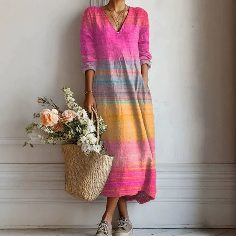 Cross-Border 26 New Models Amazon Independent Site 3D Printed V-Neck Fashionable Trendy Patchwork Women's Dress - Bamboo Linen