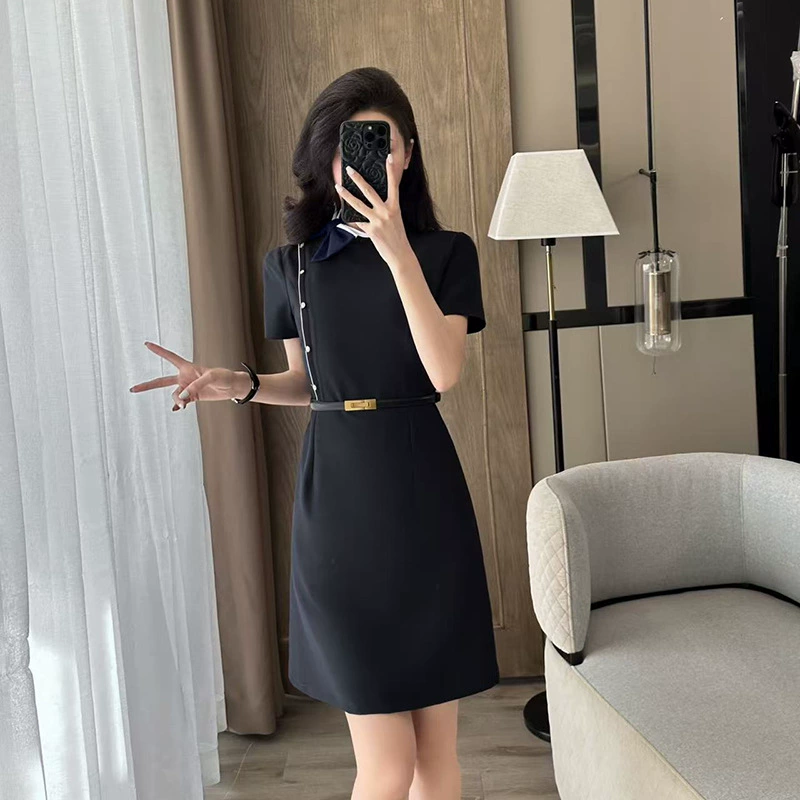 Тибетско-голубое профессиональное платье женский летний короткий рукав с карманами