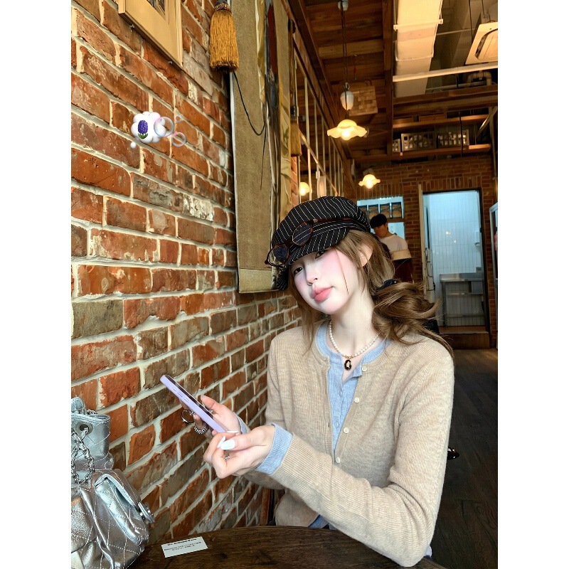 FEMALEPILT Korean-style relaxed two-piece color-blocked knitted cardigan, niche, casual, versatile long-sleeve top