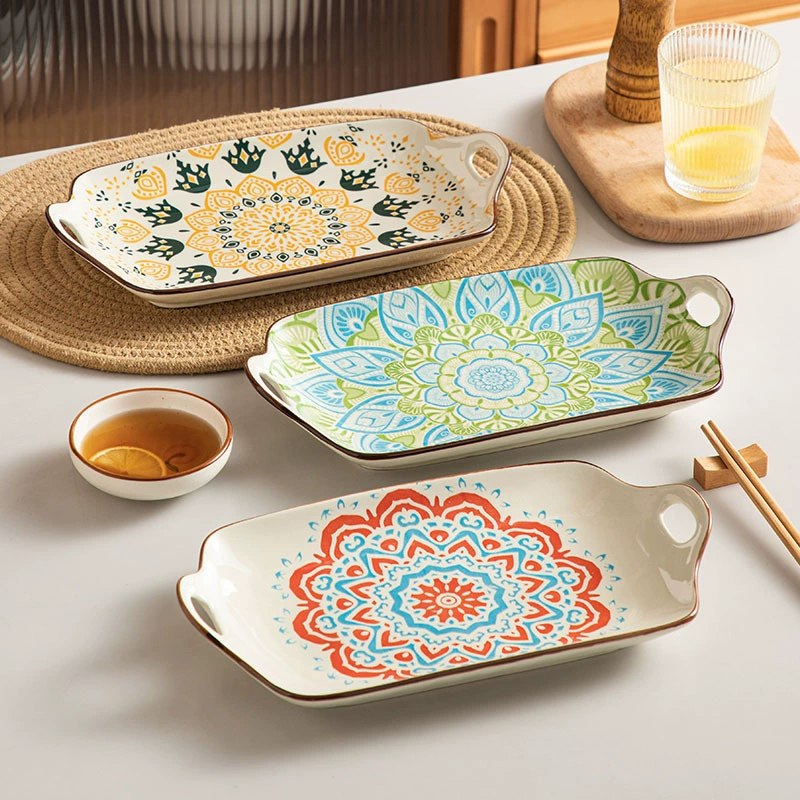 Rectangular big Japanese ceramic tableware for home use, boho style