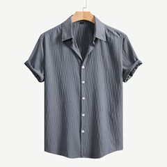アマゾン春夏新型欧米男性純色半袖シャツカーディガン