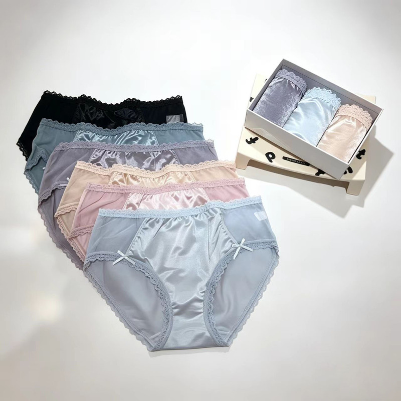 Popular Lace Satin Women's Panties, Pure and Sexy, Skin-Friendly Ice Silk Girl's Briefs, Wholesale Summer