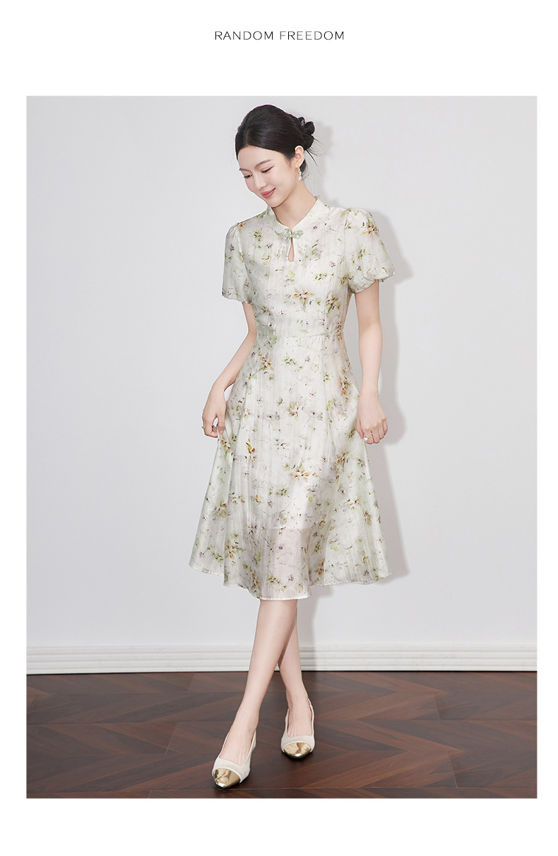 Váy liền maxi in họa tiết sườn xám phong cách Trung Quốc, chất liệu lanh pha sợi, tôn dáng — Màu tím chi tiết 10