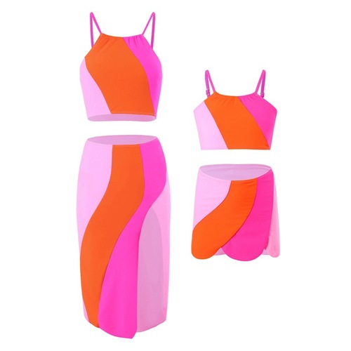 2024 New European and American-Style Three-Piece Swimsuit Dress—Nylon Colorblock Split Design, Wholesale from Manufacturer