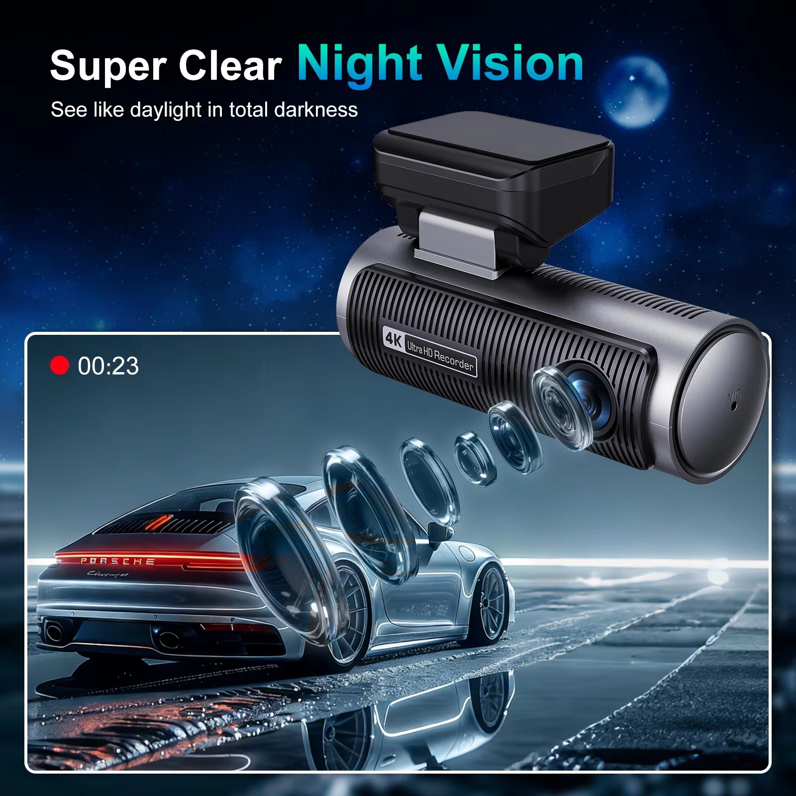 Cross-Border Driving Recorder with High-Definition Dual Lenses, Front and Rear 4K+4K, Mobile Phone Wifi Connectivity, Gps Car Recorder
